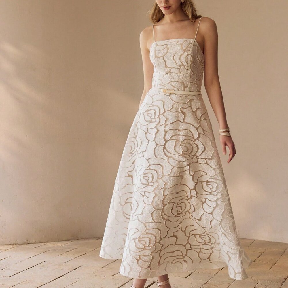 White Elegant Women's French Strapless Floral A-Line Dress - Picture 5 of 6